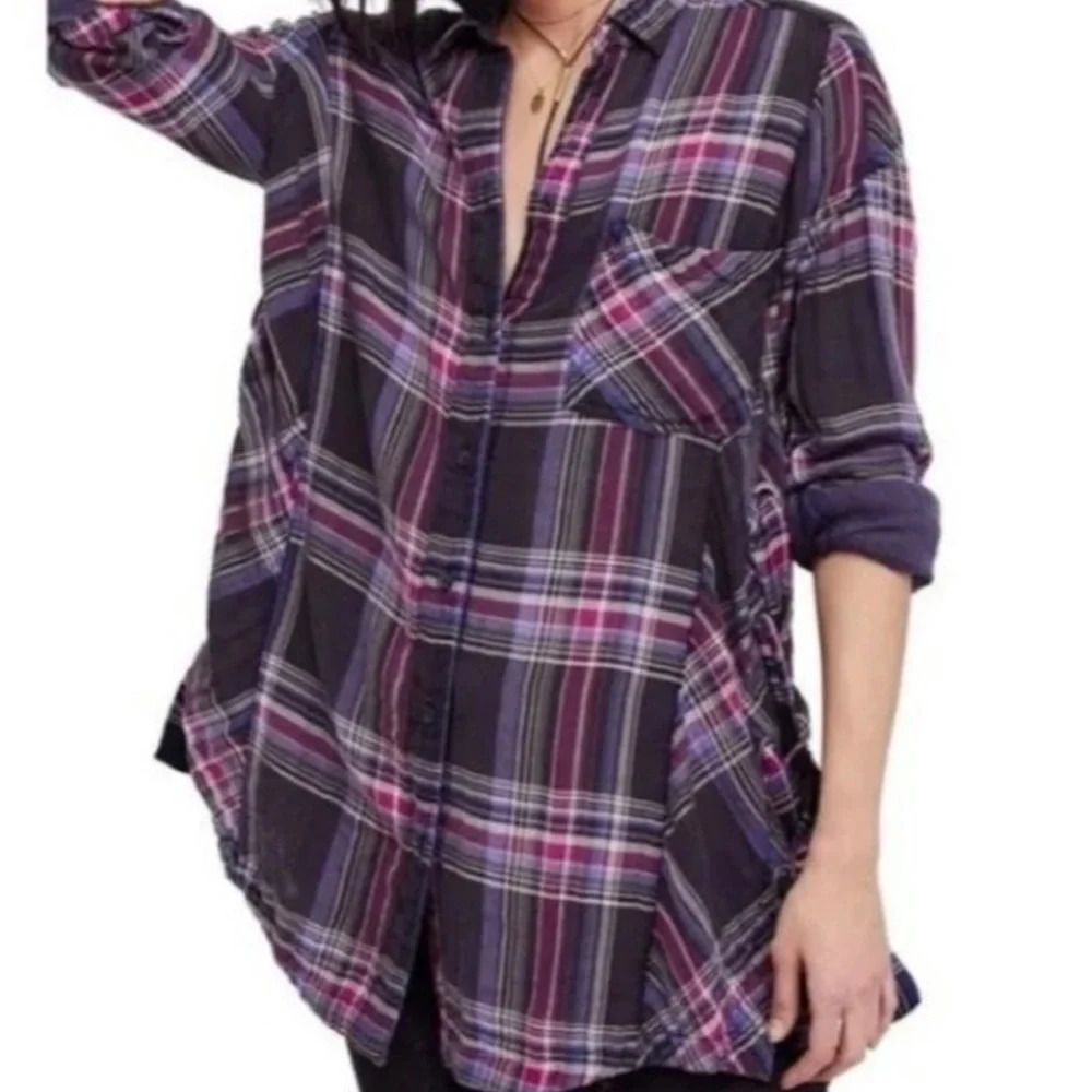 FREE PEOPLE Nordic Day Top Plaid Buttondown Oversized Purple Blue Shirt XS - Picture 3 of 16